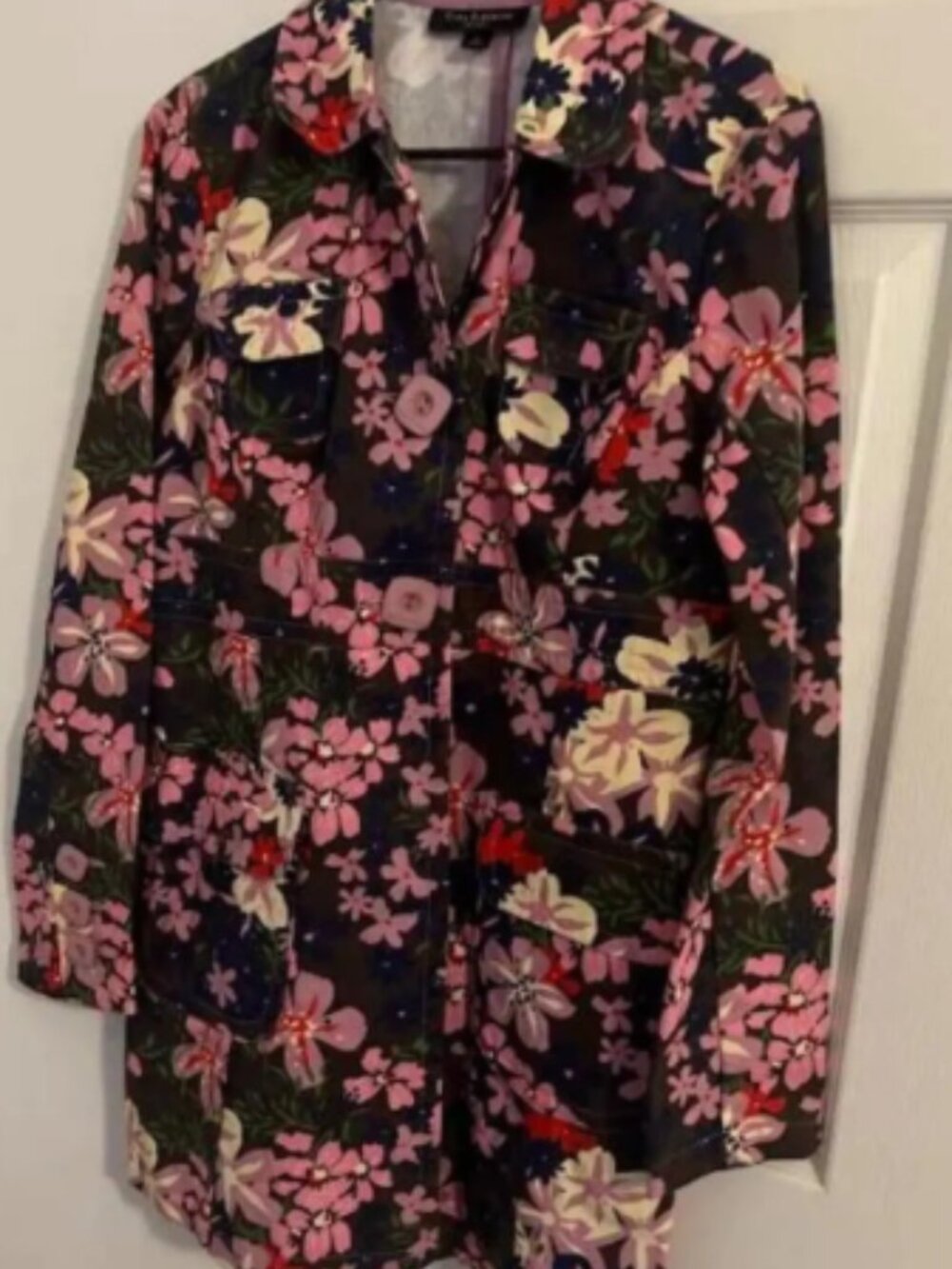 Tara Jarmon Floral Jacket Sz L Y2K lilac Pink Purple Cotton Trench Coat